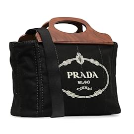 Prada-Bolso satchel negro con logo Canapa y mango de madera de Prada-Negro
