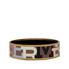 Hermès-Brown Hermes Capitales Wide Enamel Bangle Costume Bracelet-Brown