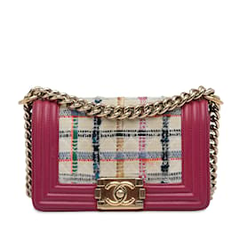 Chanel-Bolsa Chanel Pequena Tweed Rosa-Rosa