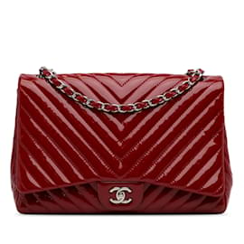 Chanel-Red Chanel Jumbo Chevron Patent Single Flap Shoulder Bag-Red