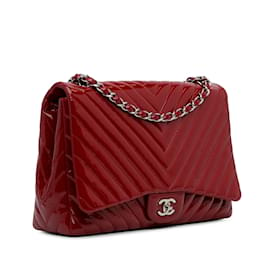 Chanel-Bolso de hombro con solapa única de charol Jumbo Chevron rojo de Chanel-Roja