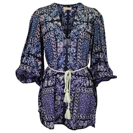 Ulla Johnson-Ulla Johnson Nerissa Belted Printed Cover-Up Mini Dress in Blue Cotton Viscose-Blue