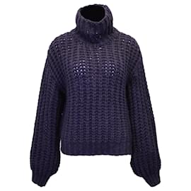 Anine Bing-Anine Bing Iris Chunky-Knit Sweater in Navy Blue Wool Blend-Navy blue