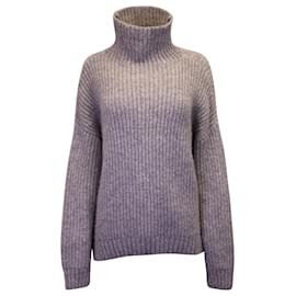 Anine Bing-Anine Bing Sydney Ribbed Knit Turtleneck Sweater in Grey Wool-Grey