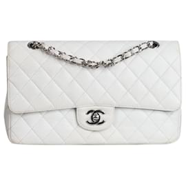 Chanel-Off white 2010 Bolsa Média Caviar Classic Forrada com Aba-Branco
