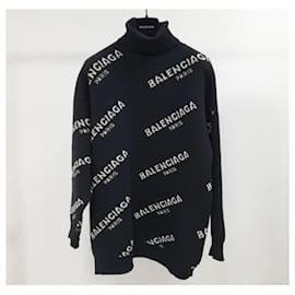 Balenciaga-Balenciaga Black White Turtleneck Tunic Sweter-Black
