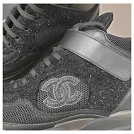 Chanel-Chanel Black Suede Textile CC Logo Lace Up Sneakers-Black