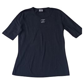 T-shirt Chanel Uniforme Blu Navy Cotone Logo CC Blu navy