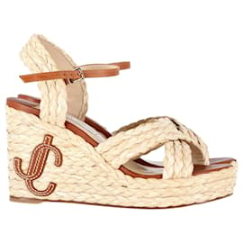 Jimmy Choo-Jimmy Choo Dellena 100 Raffia-Keilsandalen aus beigem Bast-Weiß,Roh