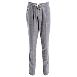Brunello Cucinelli-Brunello Cucinelli Plaid Drawstring Trousers in Grey Cotton-Grey