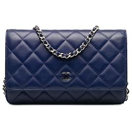 Chanel-Cartera Chanel clásica de piel de cordero azul con cadena-Azul,Azul marino