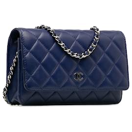 Chanel-Cartera Chanel clásica de piel de cordero azul con cadena-Azul,Azul marino