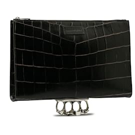 Alexander Mcqueen-Alexander McQueen Black Embossed Leather Knuckle Clutch Bag-Black