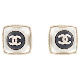 Chanel-NEUF BOUCLES D'OREILLES CHANEL CARRE LOGO CC & STRASS METAL DORE EARRING-Doré