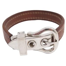 Hermès-PULSERA HERMES CON HEBILLA SELLIER EN PLATA 925 EN PIEL ORO RÁPIDO 18-20correa cm-Camello