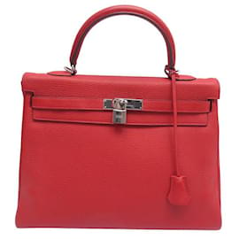 Hermès-HERMES KELLY II HANDBAG RETURNS 35 IN RED TOGO LEATHER RED HAND BAG PURSE-Red