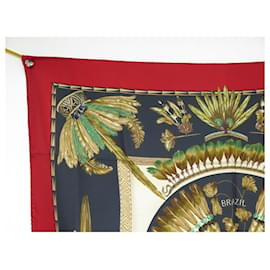 Hermès-VINTAGE FOULARD HERMES BRAZIL CARRE 90 CM EN SOIE ROUGE RED SILK SCARF-Rouge