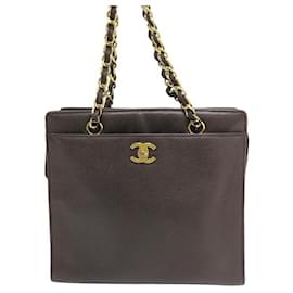 Chanel-VINTAGE SAC A MAIN CHANEL CABAS SHOPPING 25 CM CUIR CAVIAR HAND BAG PURSE-Marron