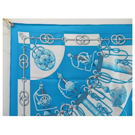 Hermès-HERMES CLICKET ABADIE SQUARE SCARF 90 IN BLUE SILK + BOX SILK SCARF-Blue