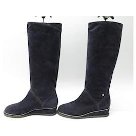 Chanel-CHAUSSURES CHANEL LOGO CC G31295 38.5 BOTTES DAIM VEAU VELOURS BLEU BOOTS-Bleu Marine