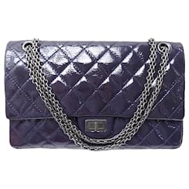 Chanel-CHANEL LARGE HANDBAG 2.55 BLUE PATENT LEATHER CROSSBODY HAND BAG PURSE-Blue