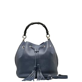 Gucci-Bolsa de ombro de couro com cordão de bambu 387613-Azul