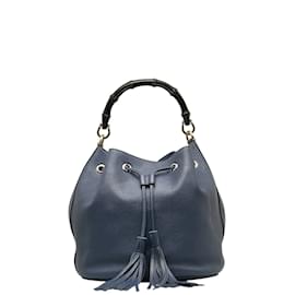 Gucci-Bamboo Drawstring Leather Shoulder Bag 387613-Blue