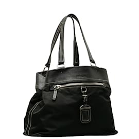 Prada-Prada Vitello Daino-Trimmed Fabric Tote Bag Sac cabas en toile en bon état-Noir
