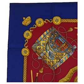 Hermès-HERMES CARRE 90 LES TAMBOURS Scarf Silk Red Blue Auth 63544-Red,Blue