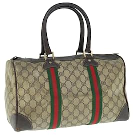 Gucci-GUCCI GG Supreme Web Sherry Line Boston Bag Vintage Beige Red Green Auth 63691-Red,Beige,Green