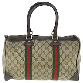 Gucci-GUCCI GG Supreme Web Sherry Line Boston Bag Vintage Beige Red Green Auth 63691-Red,Beige,Green