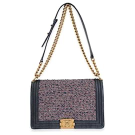 Chanel-Chanel Blue Denim & Multicolor Boucle New Medium Boy Bag-White,Red,Blue,Multiple colors