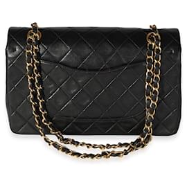 Chanel-Chanel Vintage Black Acolchoado Cordeiro Clássico Aba com Forro Médio-Preto