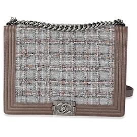 Chanel-Chanel Grand sac garçon en caviar taupe et tweed multicolore-Multicolore