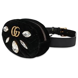 Gucci-Gucci Black Matelasse Velvet & Black Leather Crystal Marmont Belt Bag 85-Blue