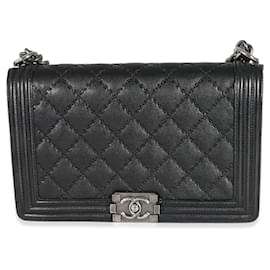 Chanel-Chanel Black Quilted Whipstitch Kalbsleder New Medium Boy Bag-Schwarz