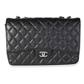 Chanel-Bolsa Chanel Caviar Jumbo Classic Acolchoado Preto com Aba Simples-Preto