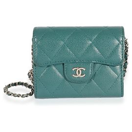 Chanel Teal gesteppte Kaviar Classic Kartenhalter an Kette Handtasche Blau Grün