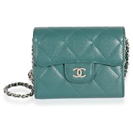 Chanel-Portacarte classico con caviale trapuntato color verde acqua Chanel su catena-Blu,Verde
