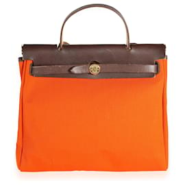 Hermès-Hermes Orange & Red Toile 2-in-1 Herbag With Ebene Vache Hunter Leather-Brown,Red,Orange