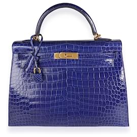 Hermès-Hermes Bleu Electrique Shiny Porosus Crocodile Sellier Kelly 32 GHW-Bleu