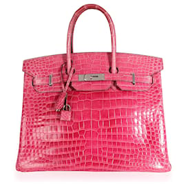 Hermès-Hermès Rose Scheherazade Shiny Porosus Crocodile Birkin 35 PHW-Pink