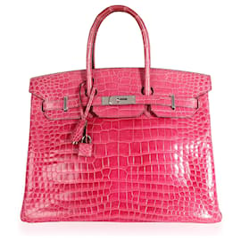 Hermès-Hermès Rose Shéhérazade Brillant Porosus Crocodile Birkin 35 PHW-Rose