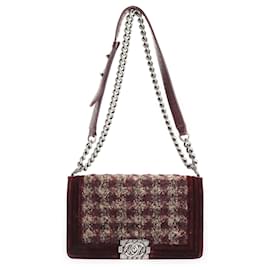 Chanel-Chanel Paris-edimbourg Bordeaux Velours Matelassé & Tweed Old Medium Boy Bag-Beige,Bordeaux