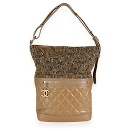 Chanel-Chanel Tweed & Camel Quilted Cuir de veau vieilli Medium Casual Style Hobo-Marron