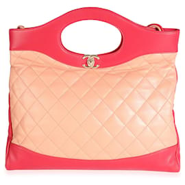 Chanel-Chanel Peach & Light Red Quilted Calfskin Large 31 Shopping Bag-Red,Beige