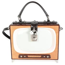 Dolce & Gabbana-Dolce & Gabbana Hand Painted Wooden Tv Box Bag With Snakeskin Strap-Brown,Pink,Other,Grey