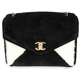 Chanel-Petit sac à rabat unique en peau de mouton noir et blanc Chanel-Noir,Blanc