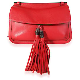 Gucci-Gucci Bolso de hombro mediano con solapa de bambú rojo de piel de becerro granulada-Roja