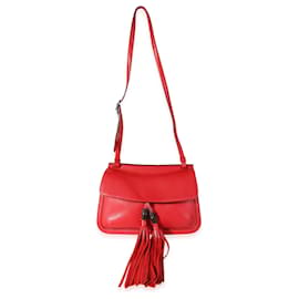 Gucci-Gucci Red Pebbled Calfskin Medium Bamboo Daily Flap Shoulder Bag-Red
